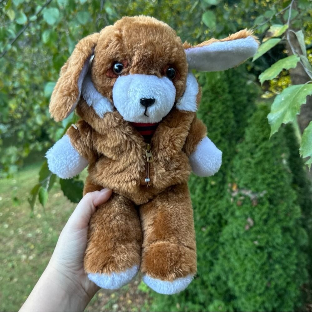 Vintage 1980s Avon Brown Puppy Dog Plush Stuffed Animal w/ Hoodie Jacket